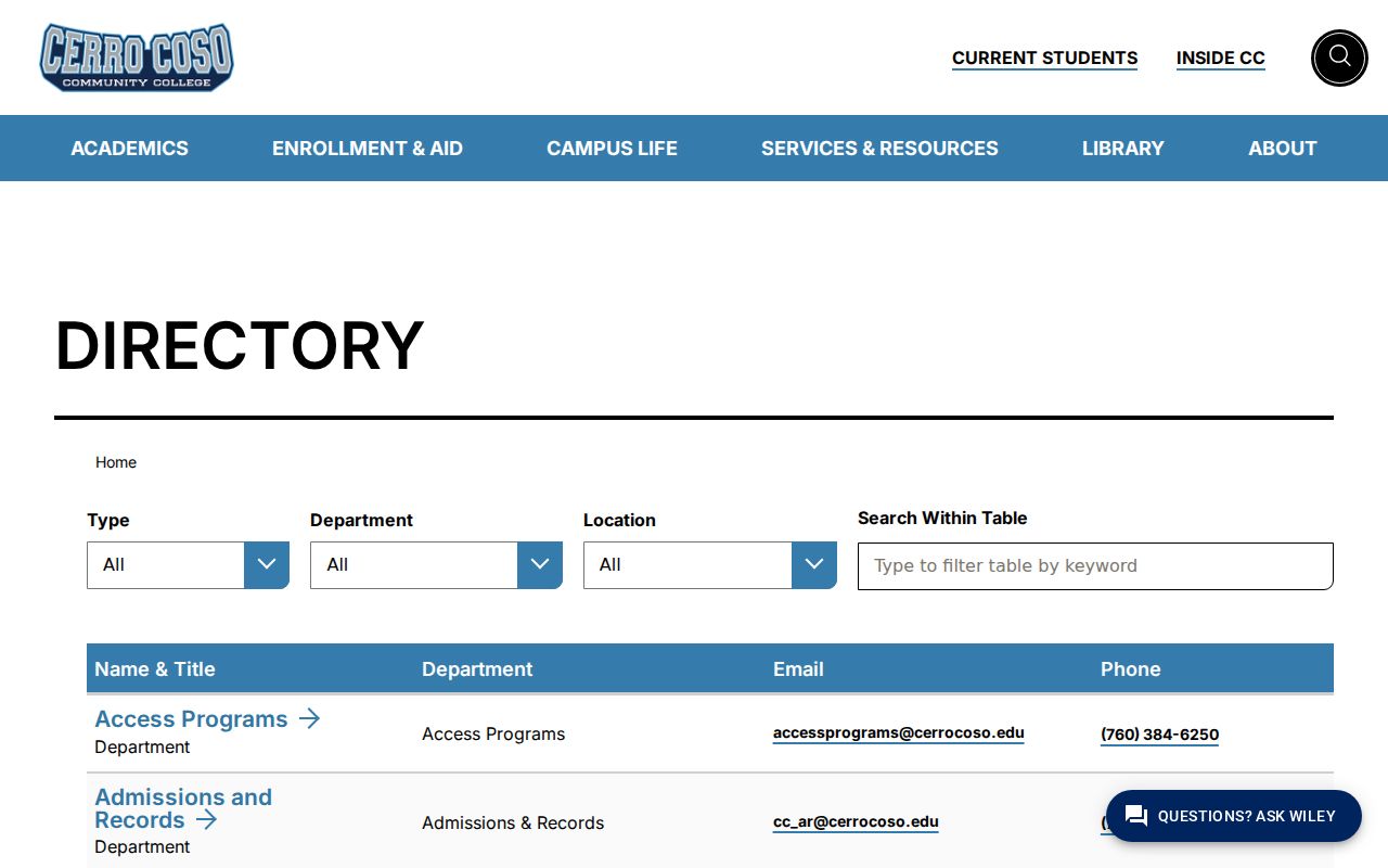 Ridgecrest people directories view of the Cerro Coso faculty and staff listing