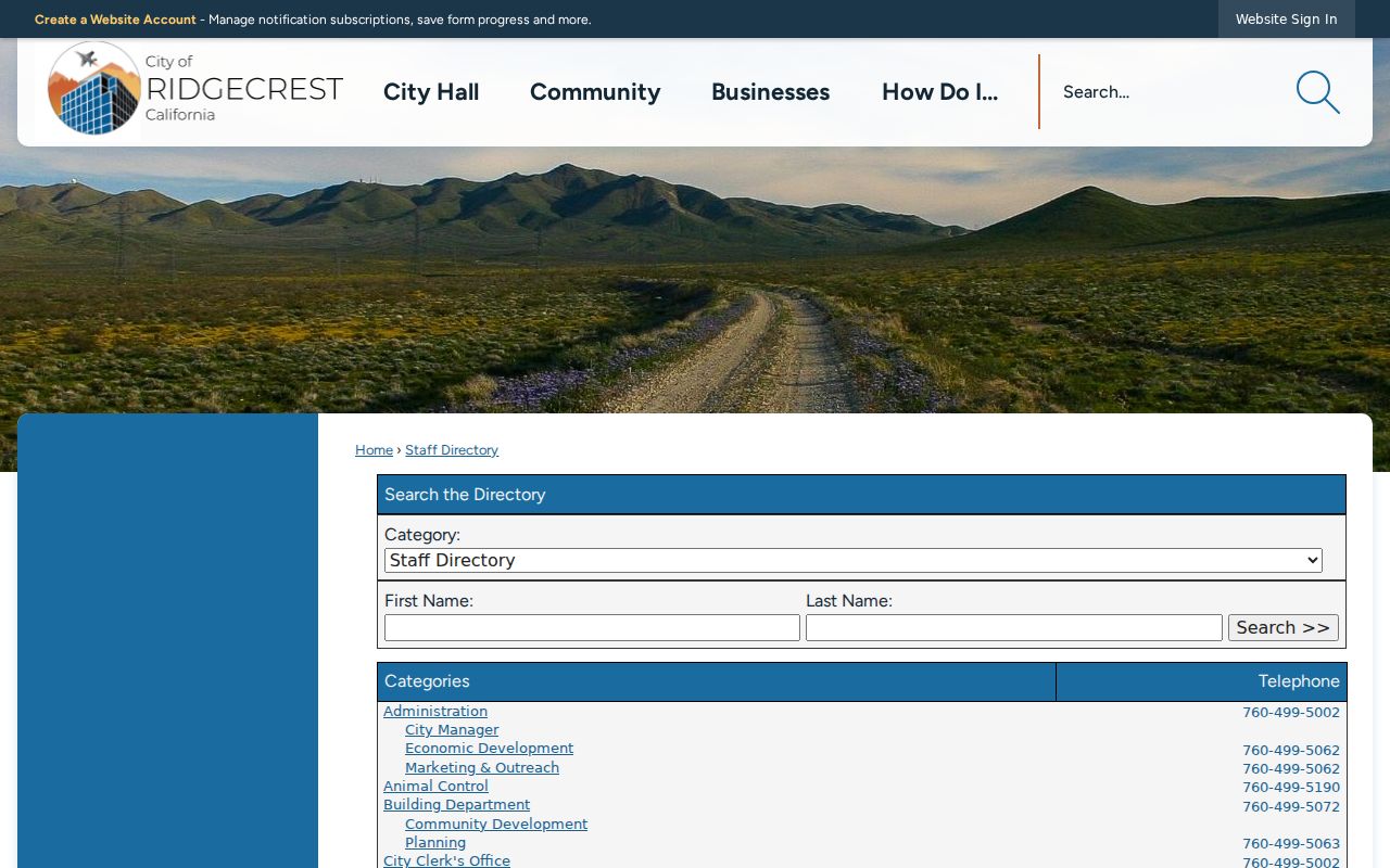 Ridgecrest people directories screenshot of the city staff and department directory