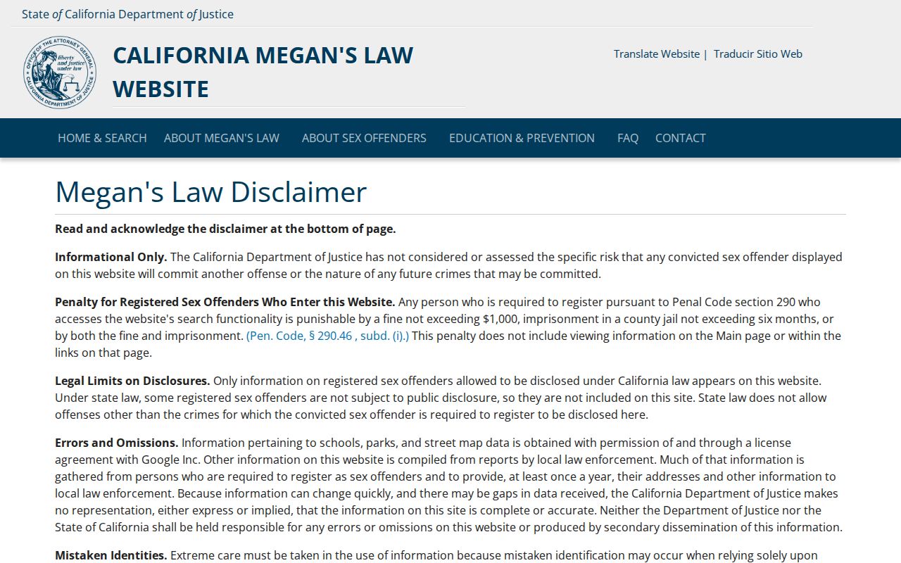 Ridgecrest public records access through the California Megan's Law registry