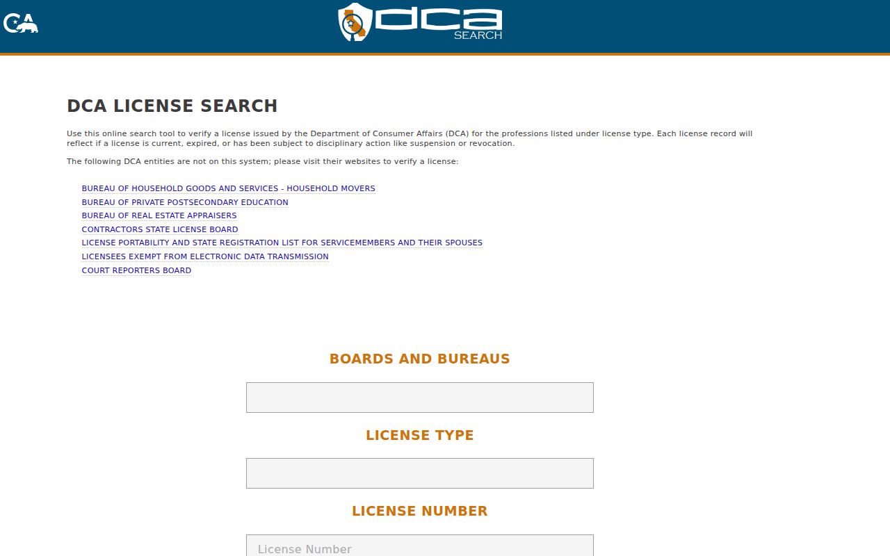 Ridgecrest public records search through the California DCA license portal