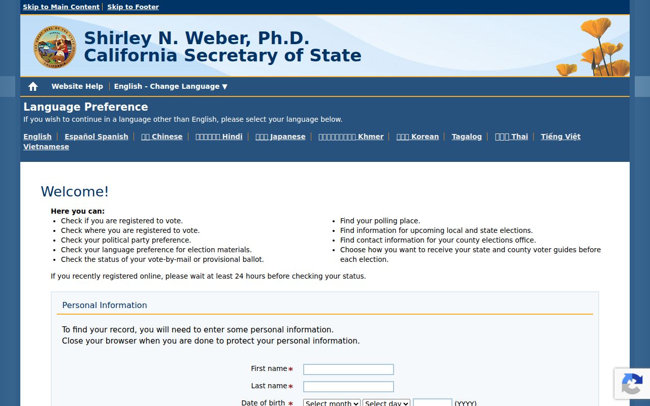 Ridgecrest voter registration records lookup on California My Voter Status